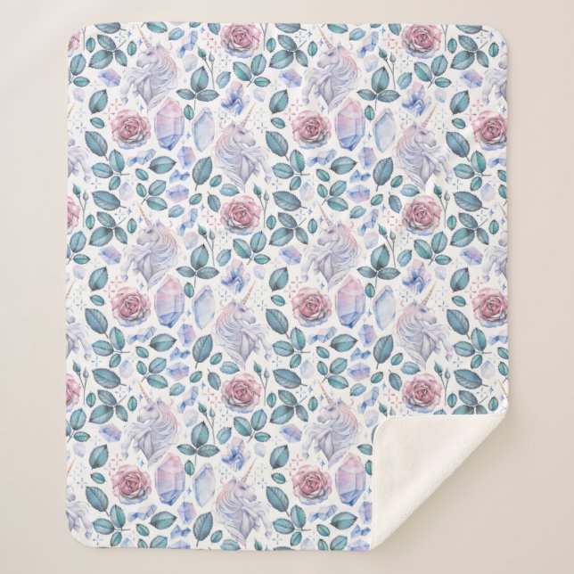 Couverture Sherpa Motif de cristaux et de roses de licorne (Devant)