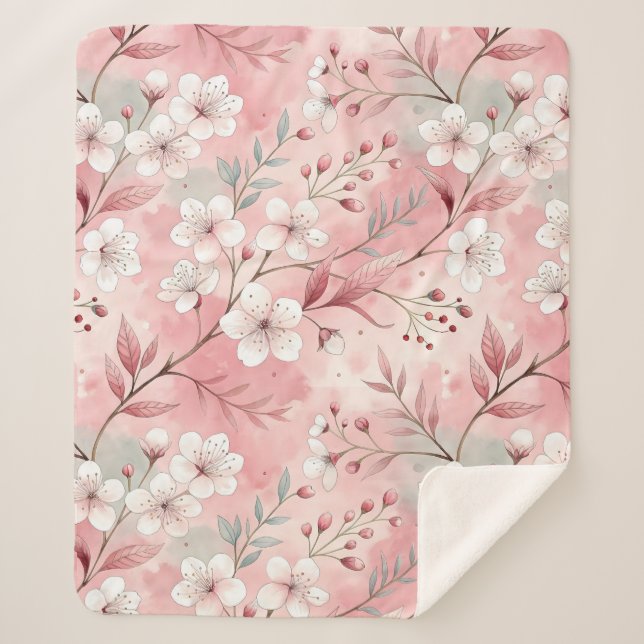 Couverture Sherpa Motif de fleur de cerisier rose (Devant)