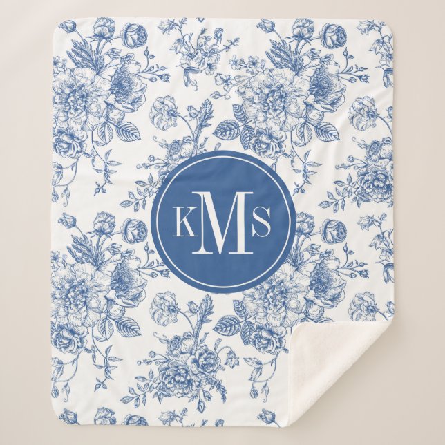 Couverture Sherpa Motif de fleurs bleues (Devant)