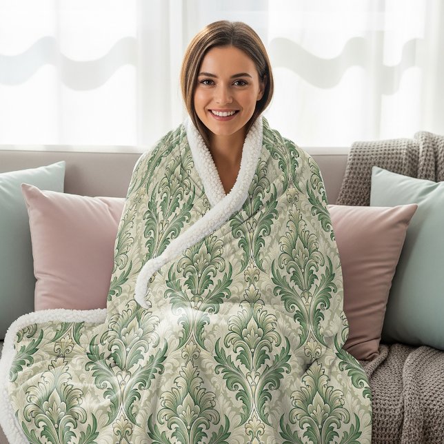 Couverture Sherpa Motif de fleurs botaniques vintage vert et beige (Créateur téléchargé)