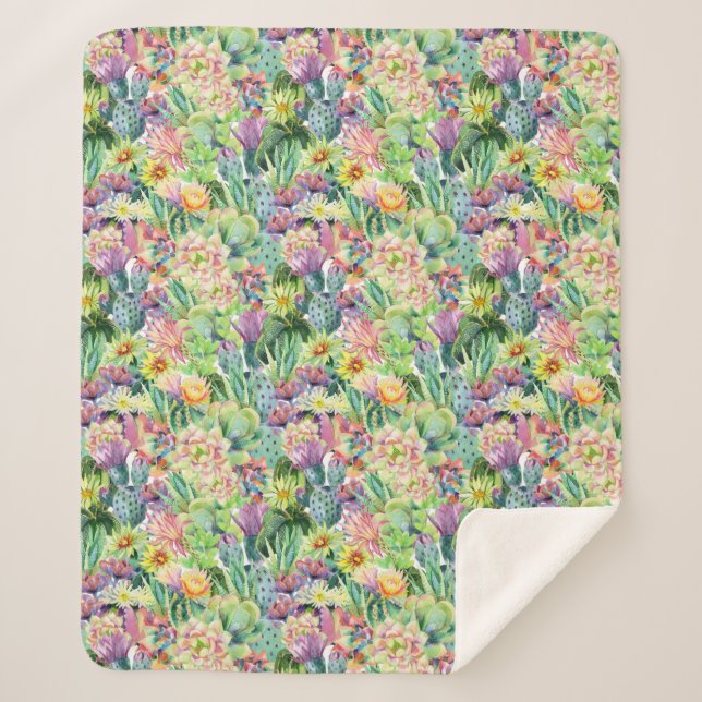 Couverture Sherpa Motif de floraison exotique de cactus d'aquarelle (Devant)