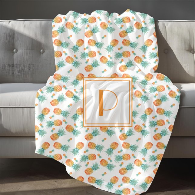 Couverture Sherpa Motif de fruits d'ananas Monogramme moderne (Modern Monogram Pineapple Fruit Pattern Sherpa Blanket)
