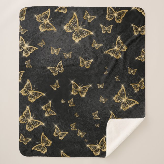 Couverture Sherpa Motif de glam or et papillons noirs (Devant)