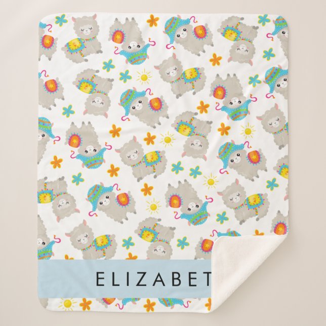 Couverture Sherpa Motif De Llamas, Alpacas, Fleurs, Votre Nom (Devant)