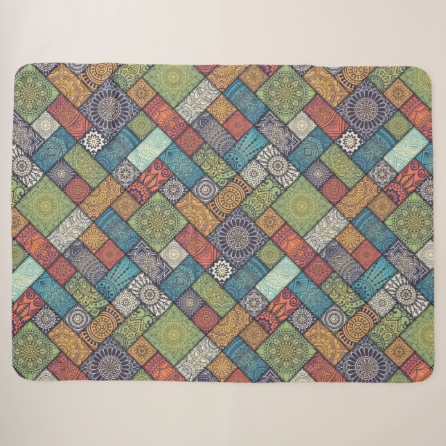 Couverture Sherpa Motif de mandalas carrés rectangles couleurs assou (Devant (Horizontal))