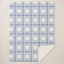 Couverture Sherpa Motif de marguerite à carreaux bleus