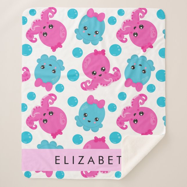 Couverture Sherpa Motif de pieuvre, Pieuvre mignonne, Mer, Votre Nom (Devant)