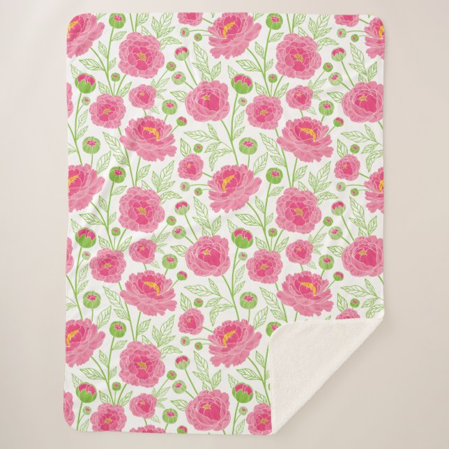 Couverture Sherpa Motif de pivoines roses (Devant)