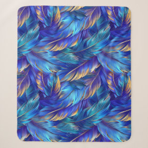 Couverture Sherpa Motif de plumes d'or bleu cobalt