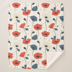 Couverture Sherpa Motif de Poppies d'aquarelle - Rouge, Bleu et Blan