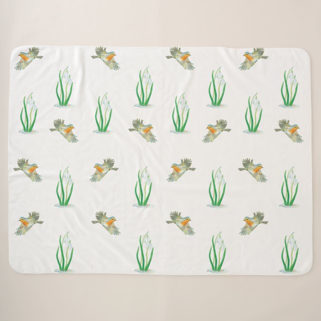 Couverture Sherpa Motif de printemps Red Robin Birds et Snowdrops (Devant (Horizontal))