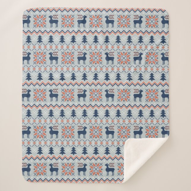 Couverture Sherpa Motif de rennes de Noël bleu brun (Devant)