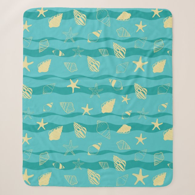 Couverture Sherpa Motif de vagues côtières et de coquillages (Devant)