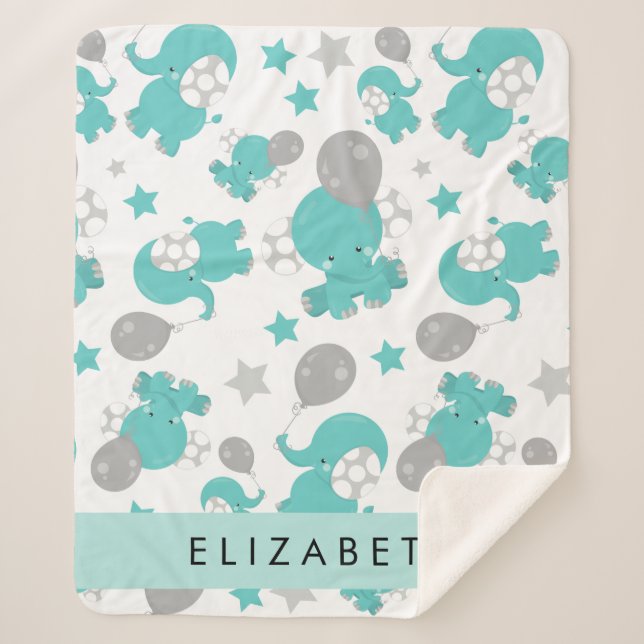 Couverture Sherpa Motif Des Eléphants Bleus, Étoiles, Votre Nom (Devant)