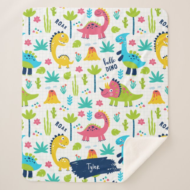 Couverture Sherpa Motif Dinosaure coloré avec nom enfant (Devant)