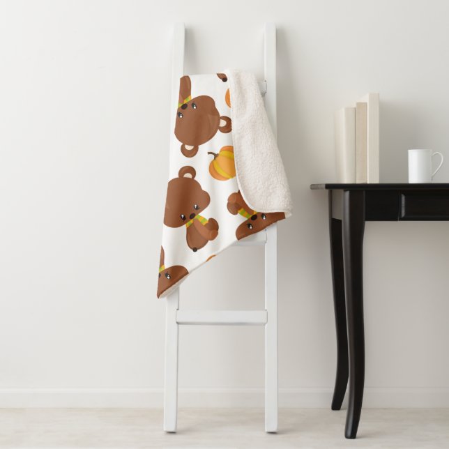 Couverture Sherpa Motif D'Ours, Ours Mignons, Automne, Citrouille (En situation)
