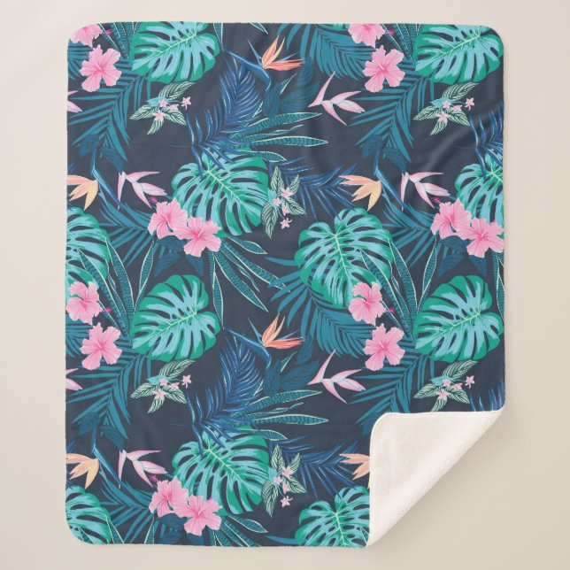 Couverture Sherpa Motif du Jardin des Fleurs Tropicales Bleues (Devant)