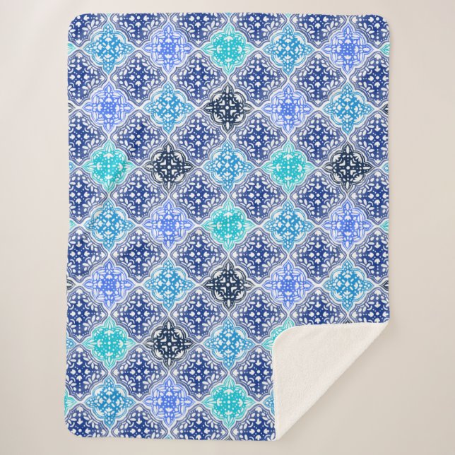 Couverture Sherpa Motif en carrelage marocain peint en bleu (Devant)