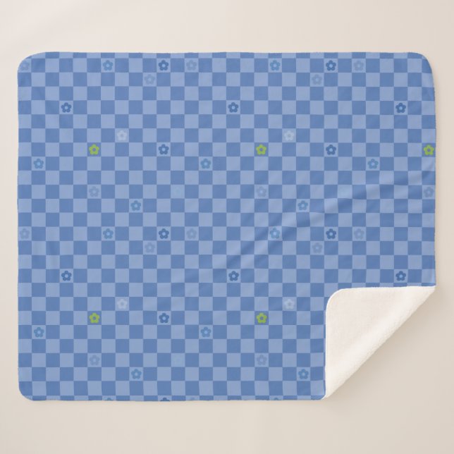 Couverture Sherpa Motif Fleur à Damier N° 01 - Bleu Clair (Devant (Horizontal))