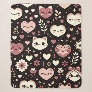 Couverture Sherpa Motif Fleurs Cœurs Chats Kawaii de la Saint-Valent