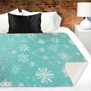 Couverture Sherpa Motif Flocons de Neige Bleu Turquoise Doux Gel Hiv