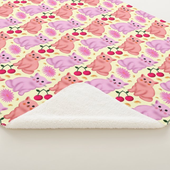 Couverture Sherpa Motif Floral Chat Mignon Cerise | Chat Kawaii (3/4)