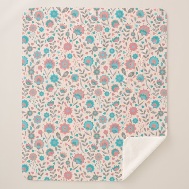 Couverture Sherpa Motif floral d'art populaire turquoise et de (Devant)