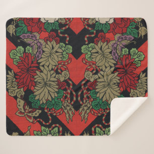 Couverture Sherpa Motif floral japonais vintage pivoine rouge noir