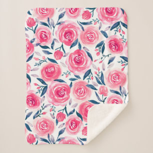 Couverture Sherpa Motif floral rose de roses d'aquarelle