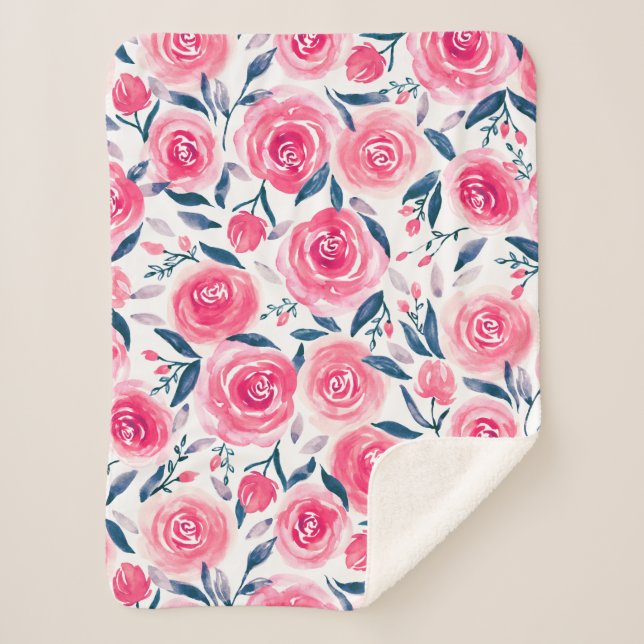 Couverture Sherpa Motif floral rose de roses d'aquarelle (Devant)