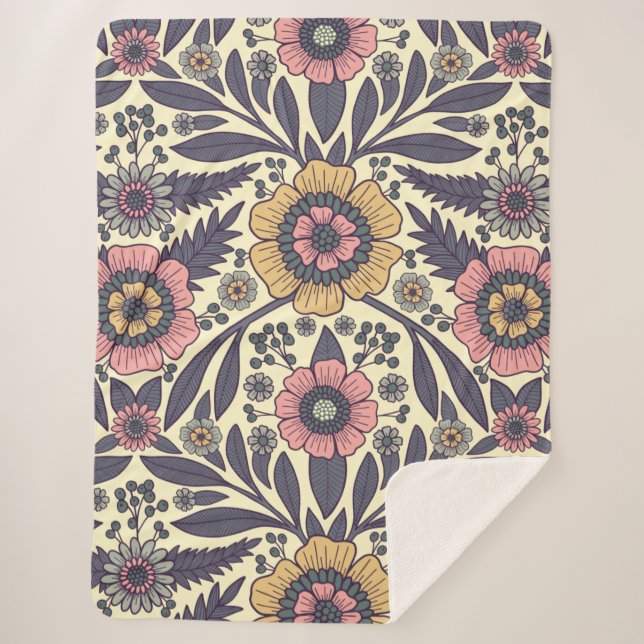 Couverture Sherpa Motif Floral rose et bleu sans joint (Devant)