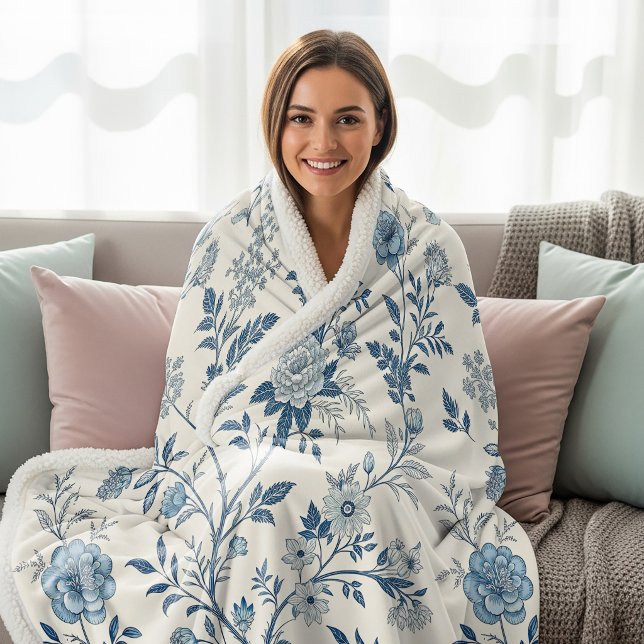 Couverture Sherpa Motif floral vintage bleu (Créateur téléchargé)