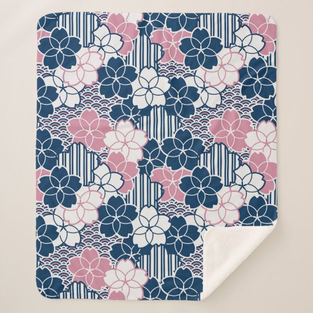 Couverture Sherpa motif géométrique des fleurs japonaises Sakura (Devant)