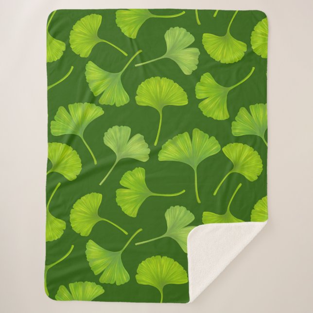Couverture Sherpa Motif Ginkgo sur vert foncé (Devant)