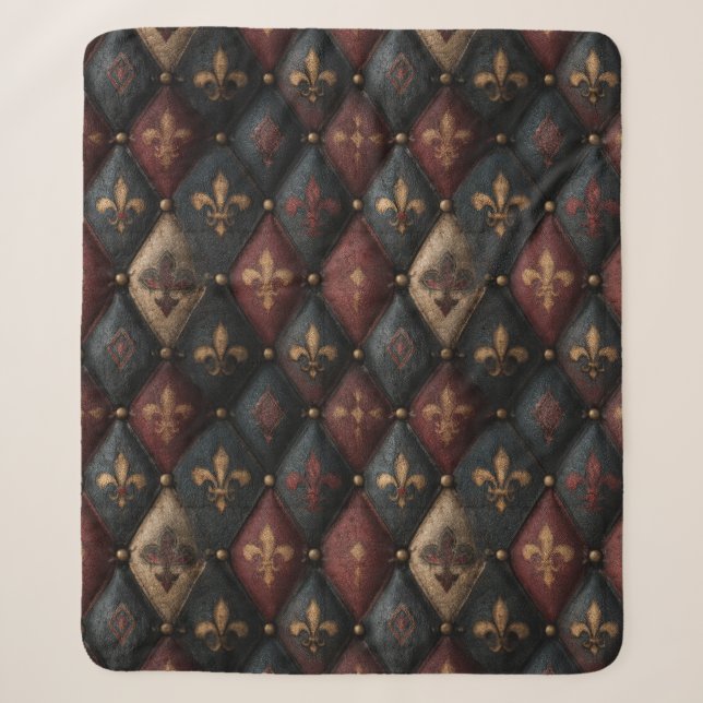 Couverture Sherpa Motif Harlequin Fleur-de-Lis Touffeté Médiéval (2) (Devant)