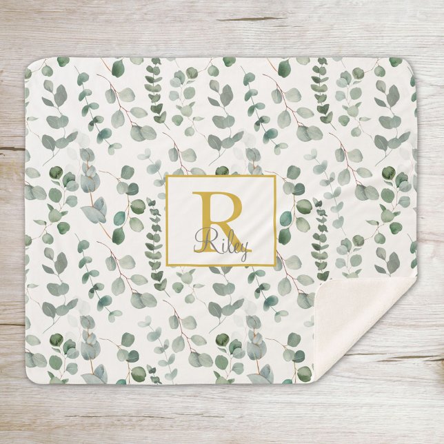 Couverture Sherpa Motif Monogram Eucalyptus (Close up on wood)