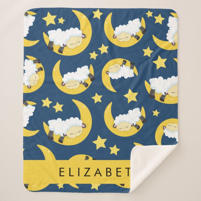 Couverture Sherpa Motif mouton, Mouton dormant, Lune, Votre Nom (Devant)