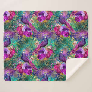 Couverture Sherpa Motif paon illustré vibrant