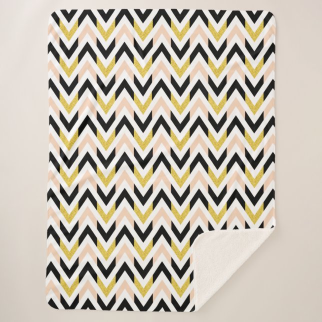Couverture Sherpa Motif Peachy Pink, Black, Gold et White Chevron (Devant)
