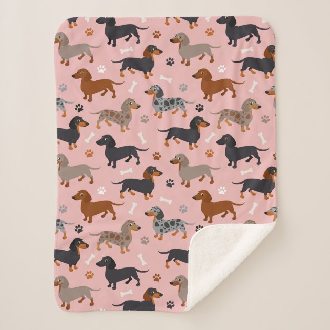 Couverture Sherpa Motif rose des pattes et des os de Dachshund (Devant)