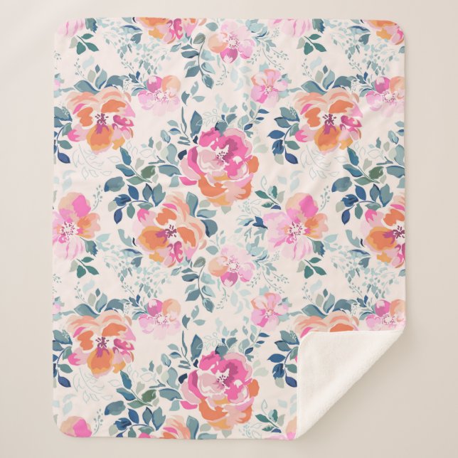 Couverture Sherpa Motif rose et Turquoise (Devant)