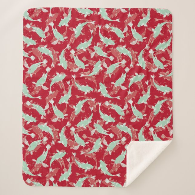 Couverture Sherpa Motif rouge et vert - Koi Fish (Devant)
