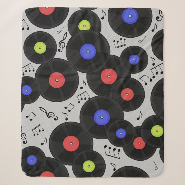 Couverture Sherpa Motif sans couture avec disques vinyles et notes.  (Devant)