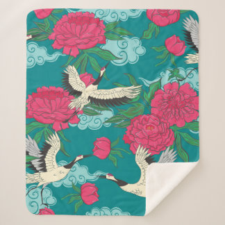 Couverture Sherpa Motif sans couture avec grues et pivoines. Vintage