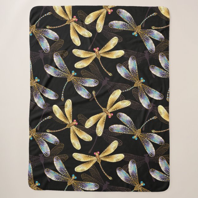 Couverture Sherpa Motif sans couture avec libellules d'or (Devant)