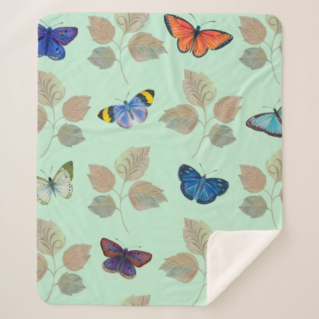 Couverture Sherpa Motif sans couture avec papillons et branches bril (Devant)