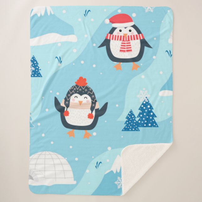 Couverture Sherpa motif sans couture de noël avec manchot (Devant)