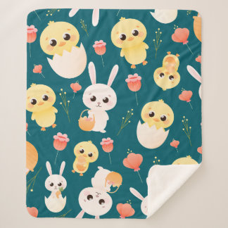 Couverture Sherpa Motif sans couture de poussins et de lapins de Pâq