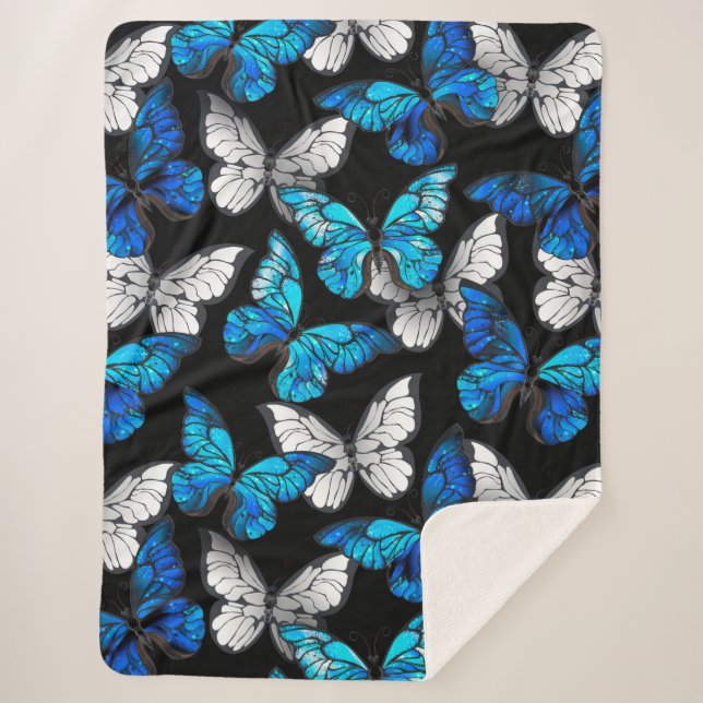 Couverture Sherpa Motif sans couture foncé avec papillons bleus Morp (Devant)