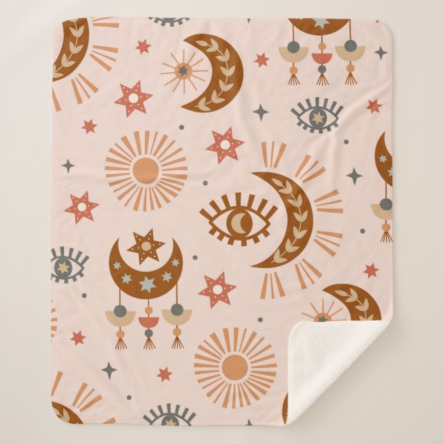 Couverture Sherpa motif sans soudure avec oeil céleste, lune, soleil (Devant)